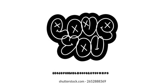 Love You Lettering Phrase, fonte doodle. Projeto tipográfico bolha funky negrito para Dia dos Namorados adesivo, Mensagem de casamento, Correio romântico, Valentines, logotipo. Engraçado alfabeto de desenhos animados. Ilustração vetorial