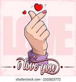 I Love You Lettering Poster With A Cute Woman Hand Doing The K Pop Sign With Her Fingers