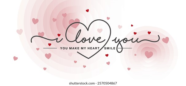 I Love You lettering quote for Valentine's Day. Handwritten calligraphy lettering inside line drawing heart. Love Valentine and Wedding vibes on floating hearts abstract white pink background