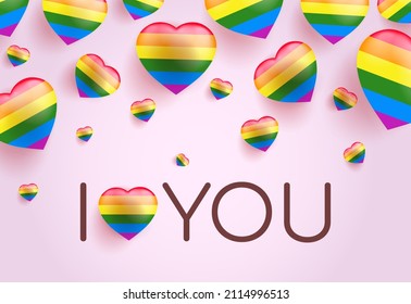 I love you. Lettering with rainbow 3d heart. LGBT community. Gay concept for poster, card, web design. Vector illustration isolated on white background