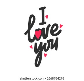 I Love You Lettering with Red Hearts on White Background. Valentines Day Text with Doodle Elements. Black Hand Drawn Letters, Romantic Quote for Greeting Card Design, Confession. Vector Illustration