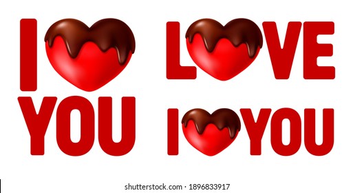 I love you. Lettering set with red heart glazed by dark chocolate. Design element for Valentines Day celebration, wedding or other events. Isolated on white background. Vector illustration EPS10.