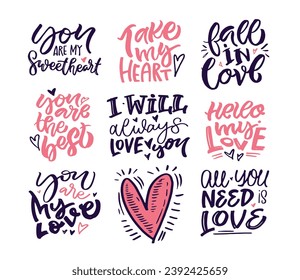 Love you - lettering set, Valentine day, be mine, love and hugs. T-shirt design, mug print, art template.