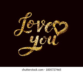 LOVE YOU lettering. Love symbol vector golden shiny shimmer lettering on black background.