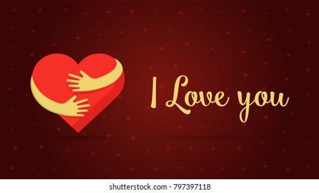 I love you lettering text with heart shapes on red background. Valentine day greeting card or postcard design vector illustration