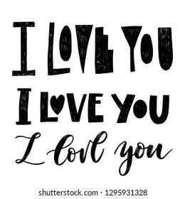 I LOVE YOU. LOVE LETTERING WORDS. FOR ST VALENTINE'S DAY. VECTOR LOVELY GREETING HAND LETTERING