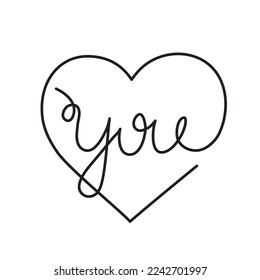 Love you lettering,one-line art calligraphy,hand drawn continuous contour.Romantic inscription, decoration for love relationships, feelings postcards.Editable stroke.Isolated.Vector illustration