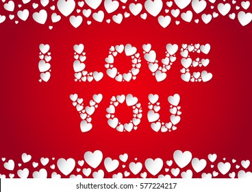 I Love You letters flat lay with white vector paper hearts on red background