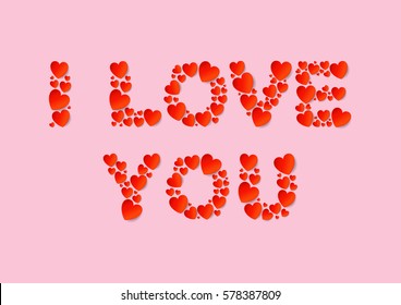 I Love You letters flat lay with red vector paper hearts on pink background. Love and Valentine's Day concept.