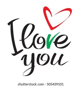 I love you letters with floral heart isolated on white. Hand drawn calligraphy style. Trendy design element for greeting card or posters. Valentine's Day card.