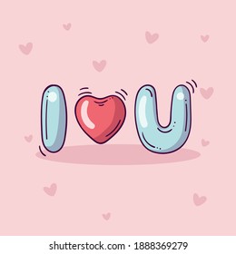 I love you letters and heart in doodle style on pink background with hearts