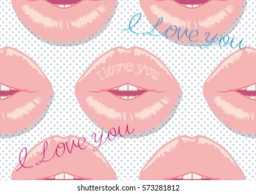 I Love You. lips seamless pattern. Pink and white pale tone color with lips.