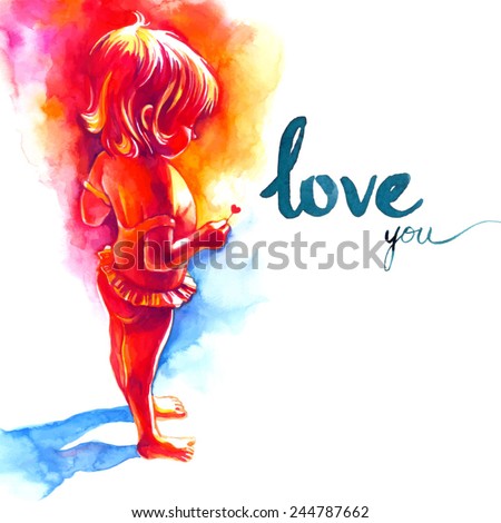 i love you/ little girl with heart / blue word on a white background/ card /valentine /watercolor painting/ vector illustration