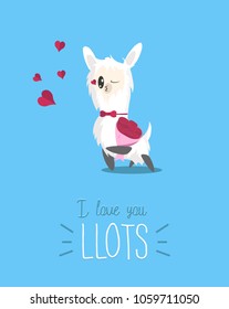 I love you llots cute card with simple llama and hearts. Modern greeting card with alpaca for Birthday, Valentine's Day etc. Cute llama with rose flowers bouquet sending kisses. Vector illustration.