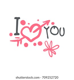 I love you logo template, colorful hand drawn vector Illustration with pink heart and arrow