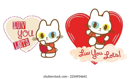 Love you lots badge illustration with cute cat character design