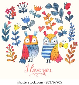 I love you. Lovely vector card with sweet owls, butterfly and flowers in awesome colors. Stunning romantic card made in watercolor technique. Bright Valentines background with text in vector