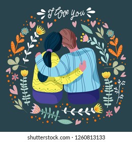 I Love You, Loving Couple And Abstract Flowers And Leaves With Hand Draw Lettering, Flat Vector Illustration