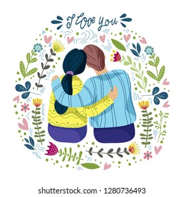 I love you, loving couple and abstract flowers and leaves with hand draw lettering on a white background, flat vector illustration