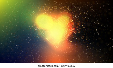Love you. Low polygonal heart with stars and bright glow