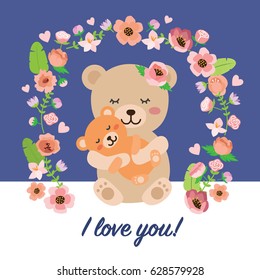 I love you! mama bear hugging her cub, surrounded by flowers - Cute mother's day vector svg