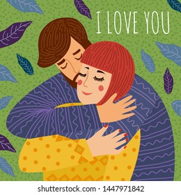 I love you. A man hugs and kiss a woman. Cute vector for cards, banners and posters. Freehand illustraton