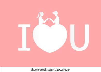 I love you man And woman heart shape made with their fingers. Vector illustration paper craft style.