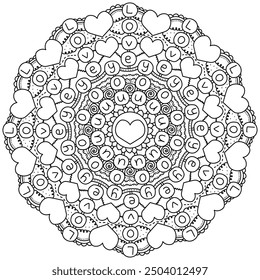 love you, mandala with letters in the form of a card for Valentine's Day, coloring page vector illustration for a holiday activity