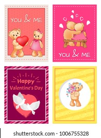 I love you and me teddy bears with heart sign vector illustration of stuffed toy animals, presents for Happy Valentines Day, cartoon posters