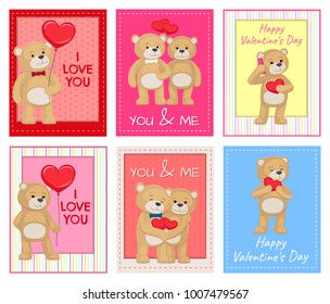 I love you and me teddy bears with heart sign vector illustration of stuffed toy animals, presents for Happy Valentines Day, cartoon posters