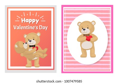 I love you and me teddy bears with heart sign vector illustration of stuffed toy animals, presents for Happy Valentines Day, cartoon posters. Female in paws of lovely male hold his heart