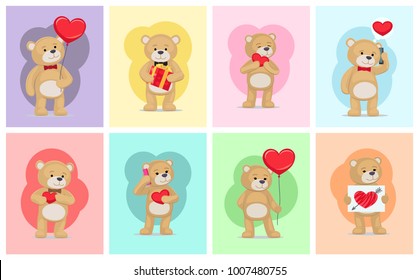 I love you and me teddy bears with heart sign vector illustration of stuffed toy animals, presents for Happy Valentines Day, cartoon posters