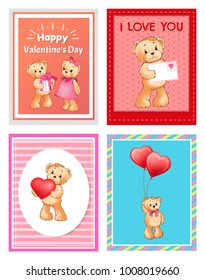 I love you and me teddy bears with heart sign vector illustration of stuffed toy animals, presents for Happy Valentines Day, cartoon posters