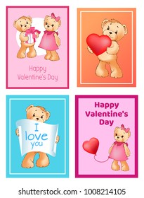 I love you and me teddy bears with heart sign vector illustration of stuffed toy animals, presents for Happy Valentines Day, cartoon posters