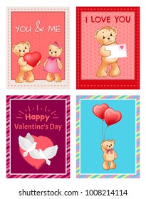 I love you and me teddy bears with heart sign vector illustration of stuffed toy animals, presents for Happy Valentines Day, cartoon posters