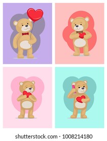 I love you and me teddy bears with heart sign vector illustration of stuffed toy animals, presents for Happy Valentines Day, cartoon posters