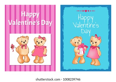 I love you and me teddy bears with heart sign vector illustration of stuffed toy animals, presents for Happy Valentines Day, cartoon posters