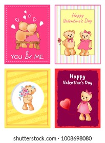 I love you and me teddy bears with heart sign vector illustration of stuffed toy animals, presents for Happy Valentines Day, cartoon posters