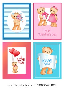 I love you and me teddy bears with heart sign vector illustration of stuffed toy animals, presents for Happy Valentines Day, cartoon posters