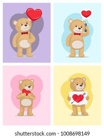 I love you and me teddy bears with heart sign vector illustration of stuffed toy animals, presents for Happy Valentines Day, cartoon posters