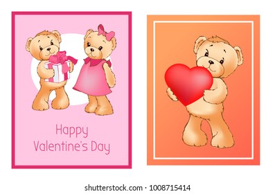I love you and me teddy bears with heart sign vector illustration of stuffed toy animals, presents for Happy Valentines Day, cartoon posters