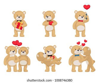 I love you and me teddy bears with heart sign vector illustration of stuffed toy animals, presents for Happy Valentines Day, cartoon posters