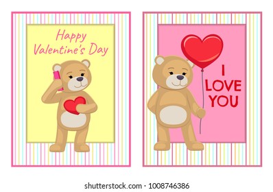 I love you and me teddy bears with heart sign vector illustration of stuffed toy animals, presents for Happy Valentines Day, cartoon posters