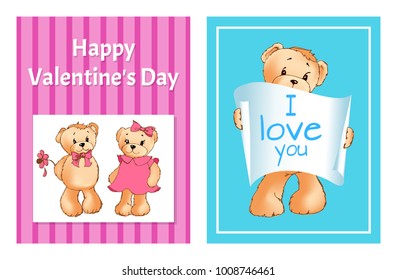 I love you and me teddy bears with heart sign vector illustration of stuffed toy animals, presents for Happy Valentines Day, cartoon posters