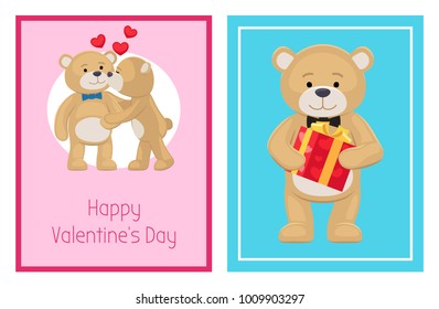 I love you and me teddy bears with heart sign vector illustration of stuffed toy animals, presents for Happy Valentines Day, cartoon posters
