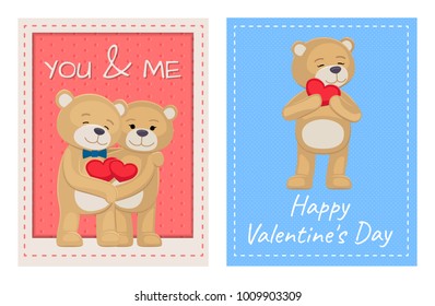 I love you and me teddy bears with heart sign vector illustration of stuffed toy animals, presents for Happy Valentines Day, cartoon posters