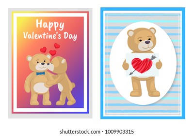 I love you and me teddy bears with heart sign vector illustration of stuffed toy animals, presents for Happy Valentines Day, cartoon posters