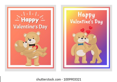 I love you and me teddy bears with heart sign vector illustration of stuffed toy animals, presents for Happy Valentines Day, cartoon posters. Female in paws of lovely male hold his heart