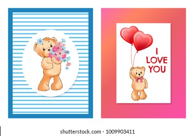 I love you and me teddy bears with heart sign vector illustration of stuffed toy animals, presents for Happy Valentines Day, cartoon posters