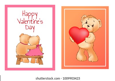 I love you and me teddy bears with heart sign vector illustration of stuffed toy animals, presents for Happy Valentines Day, cartoon posters